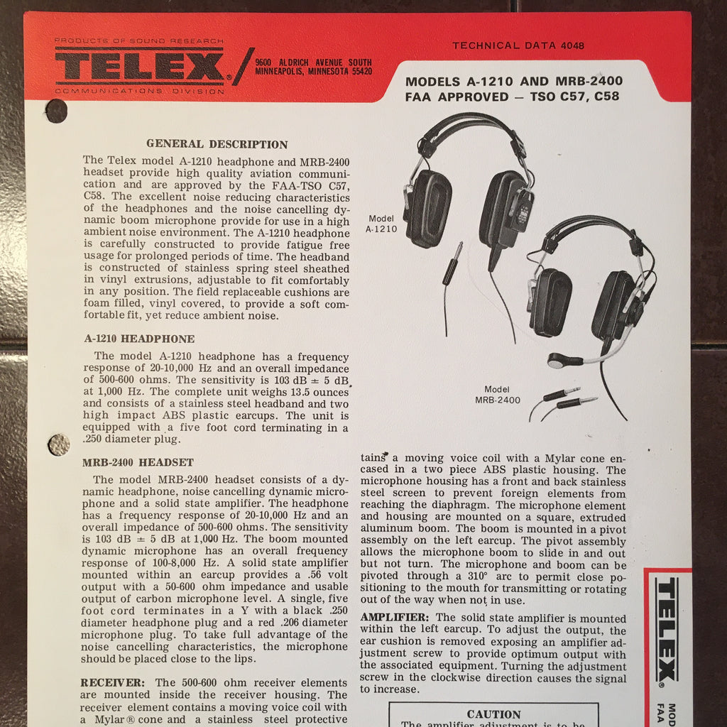 Telex A-1210 and MRB-2400 Technical Data Sheet.