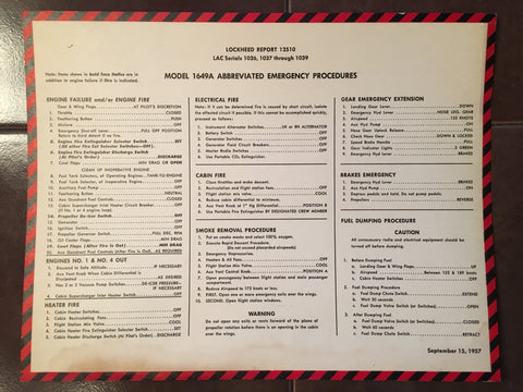 Original 1957 Lockheed 1649A Cockpit Checklist & Emergency Procedures Checklist.