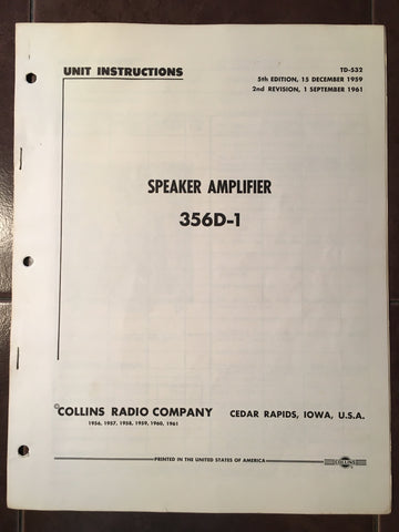 Collins 356D-1 Speaker Amp Service manual.