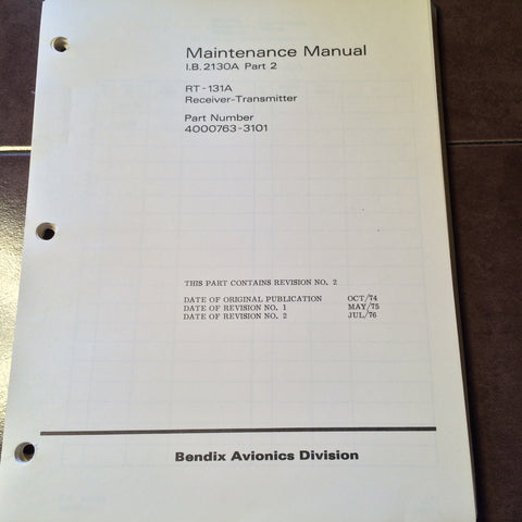 Bendix RT-131A Radar RT Maintenance & Parts Manual.