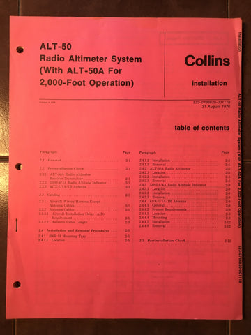 Collins ALT-50, ALT-50A Radio Altimeter Install Manual.