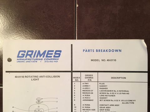 Grimes 40-0110 Parts Breakdown Instruction Sheet.