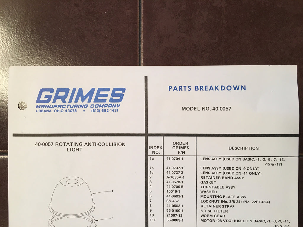 Grimes 40-0057 Parts Breakdown Instruction Sheet.