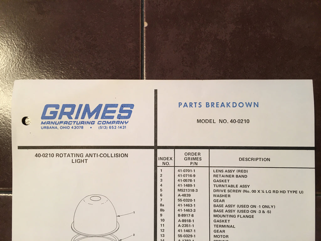 Grimes 40-0210 Parts Breakdown Instruction Sheet.