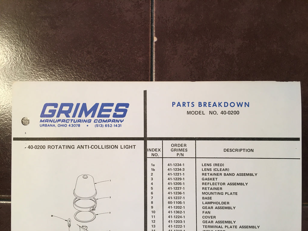 Grimes 40-0200 Parts Breakdown Instruction Sheet.