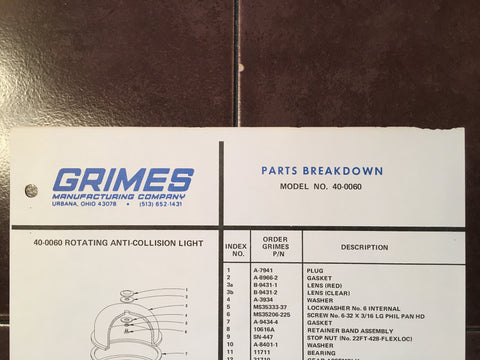 Grimes 40-0060 Parts Breakdown Instruction Sheet.