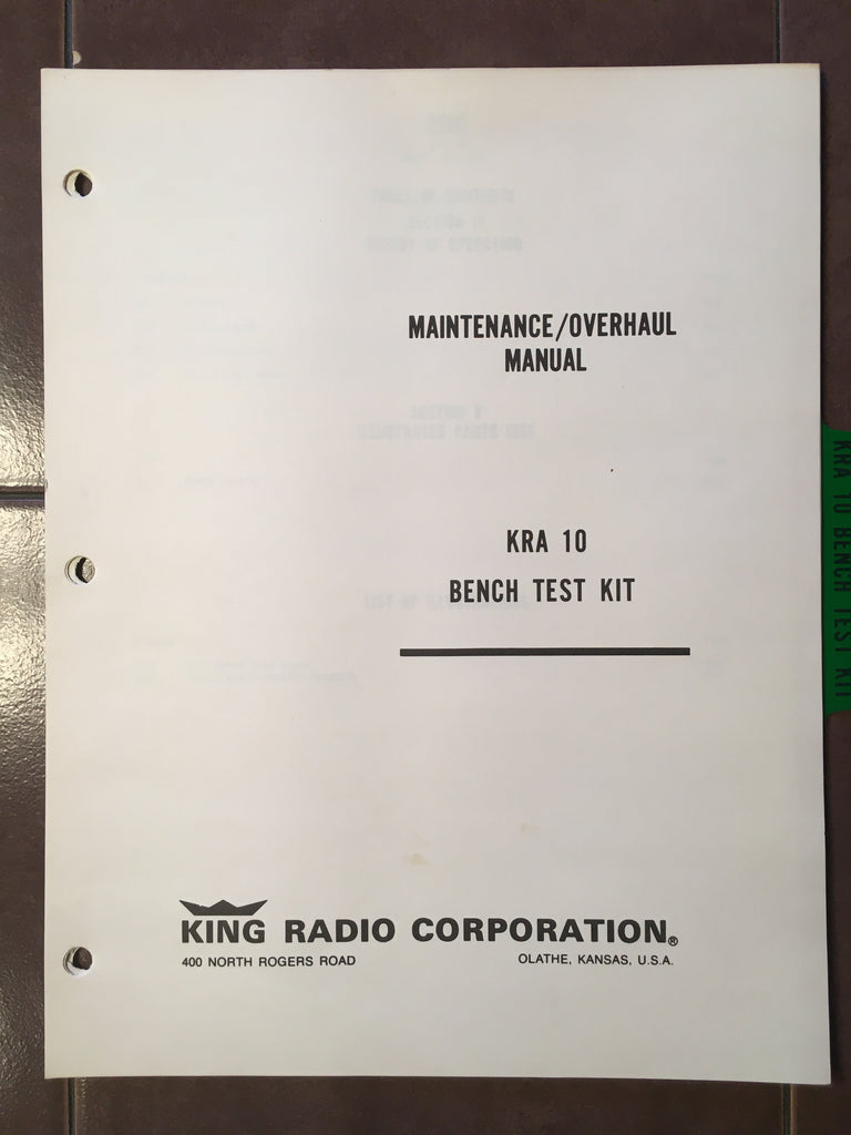 King KRA-10 Radar Altimeter Bench Test Set Service Overhaul Manual.
