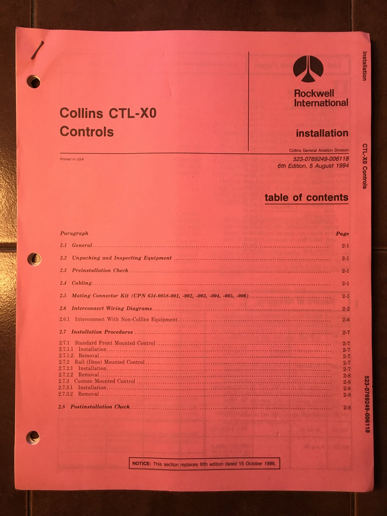 Collins CTL 90, CTL-20, CTL-30 , CTL-30R, CTL-60 Controls Install Manual CTL-X0.