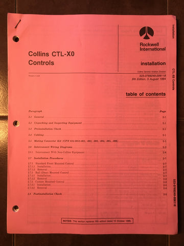 Collins CTL 90, CTL-20, CTL-30 , CTL-30R, CTL-60 Controls Install Manual CTL-X0.