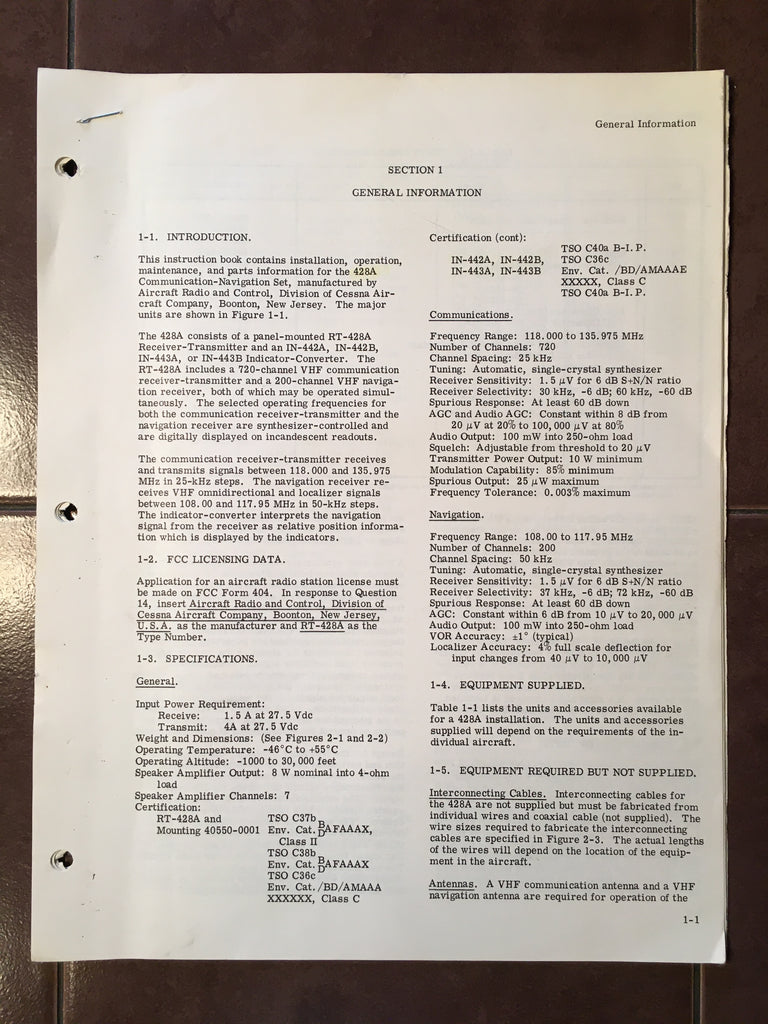 Cessna ARC RT-428A, IN-442A, IN-442B, IN-443A & IN-443B Install Manual.