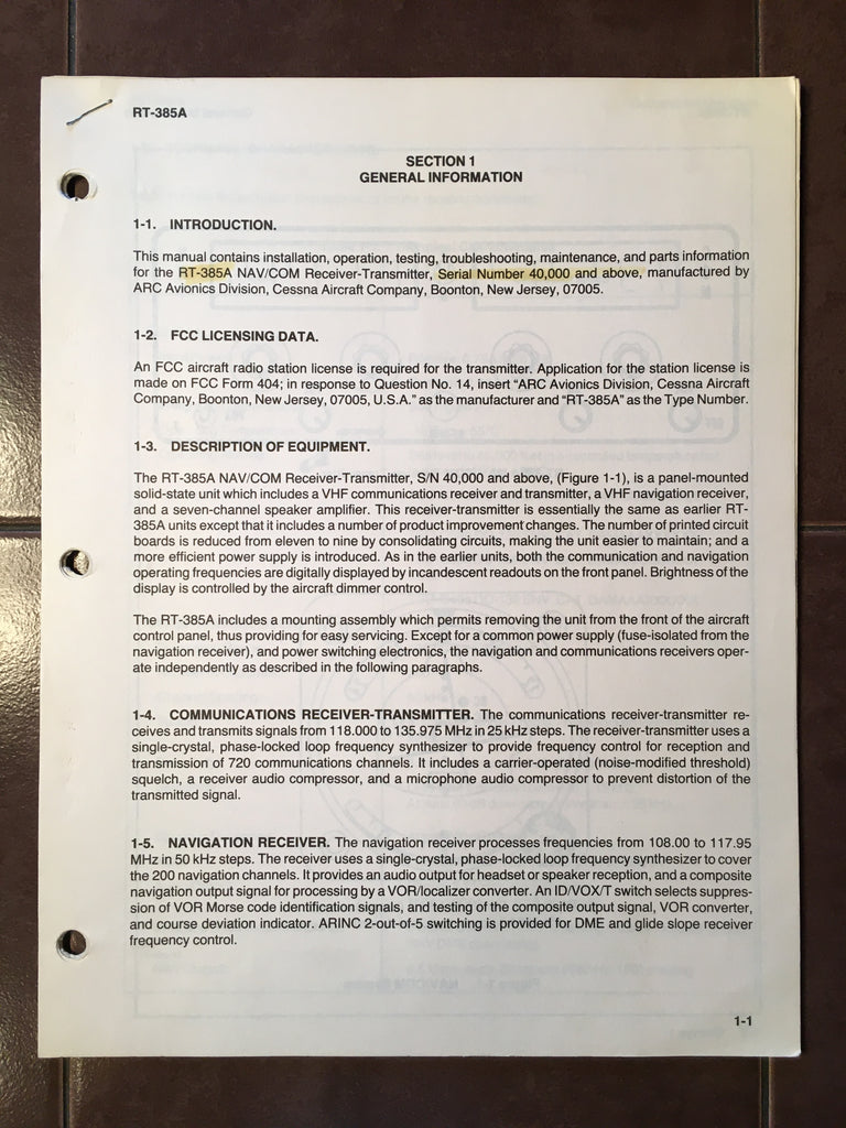 Cessna ARC RT-385A sn 40,000 & Up Install Manual.