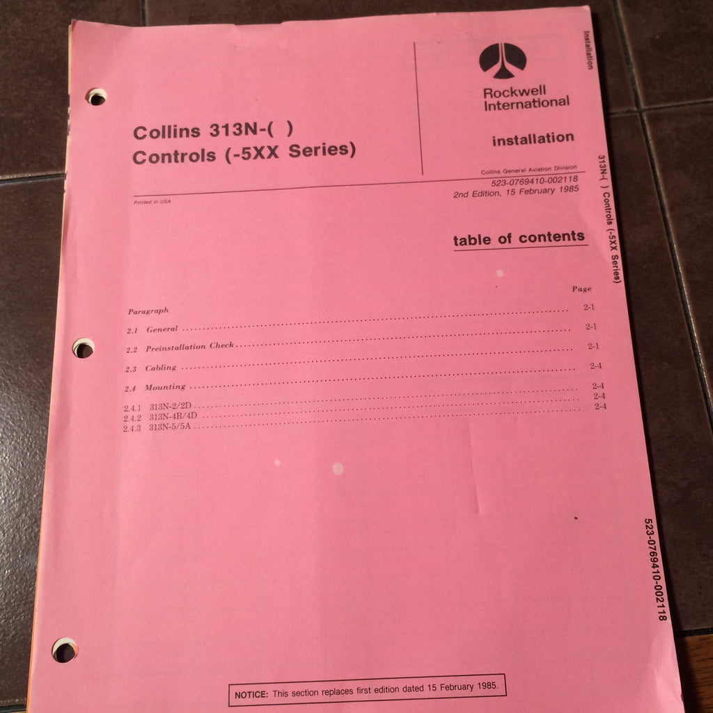 Collins 313N-(  ) Controls (-5XX Series) Install Manual.