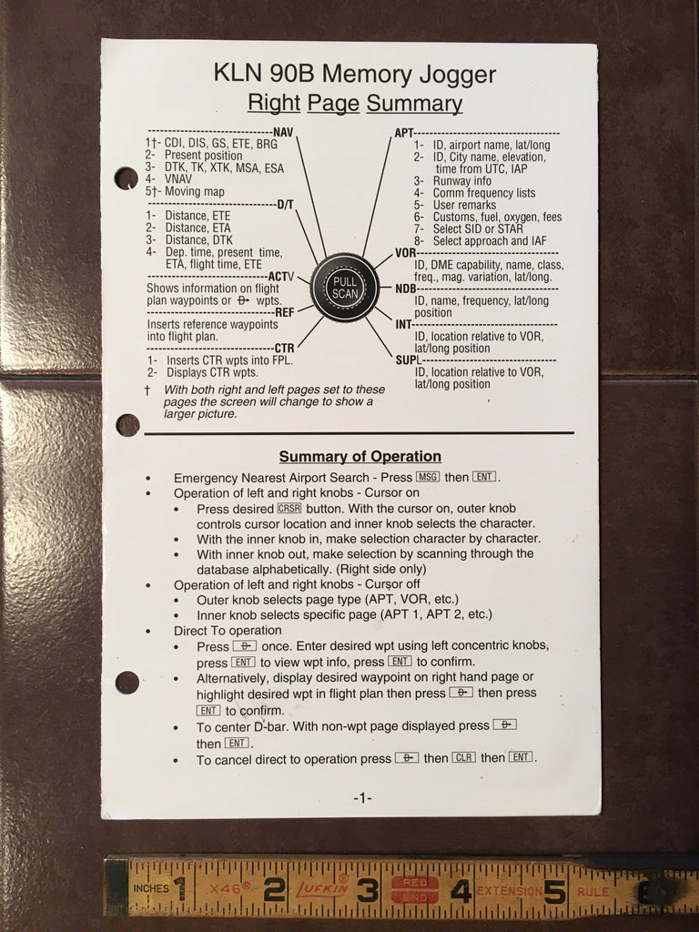 King KLN-90B Memory Jogger , 4 page laminated QRH Phamplet.