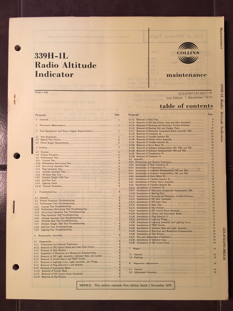 Collins 339H-1L Altimeter Indicator Service & Parts manual.