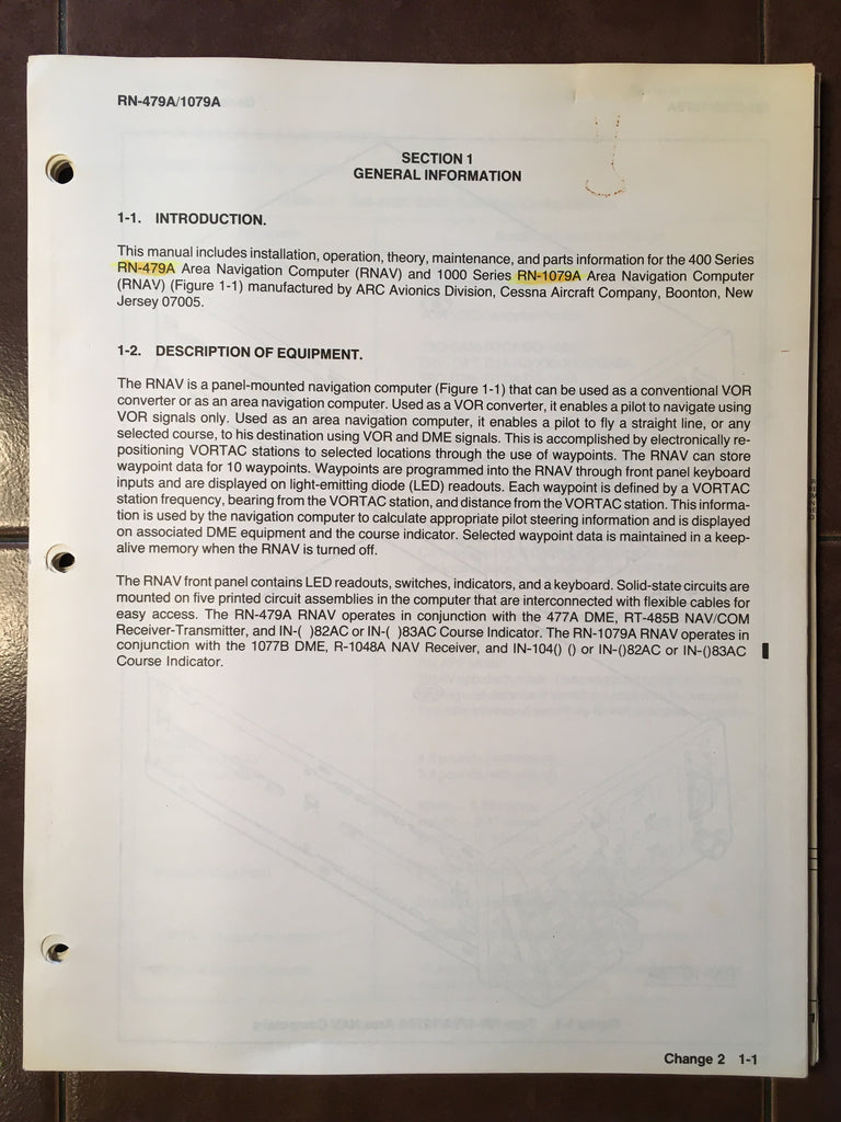 Cessna ARC RN-479A and RN-1079A Rnav Install Manual.