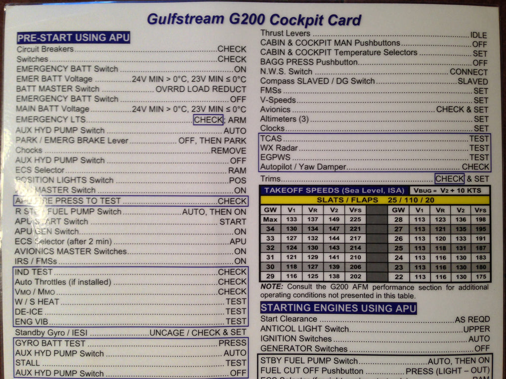 Gulfstream G200 Laminated Cockpit Card.  Circa 2011.