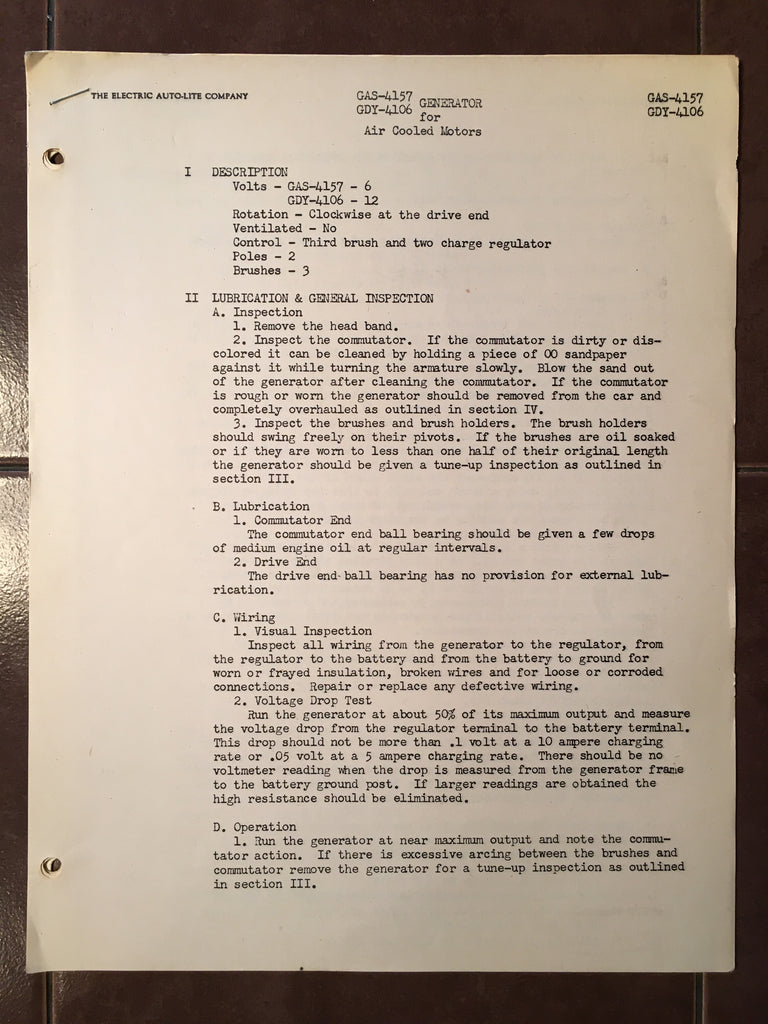 Electric Autolite GAS-4157, GDY-4106, MZ-4087, MBG-4009 Service Data Sheets.