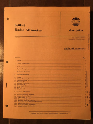 Collins 860F-2 Maintenance & Parts Manual.