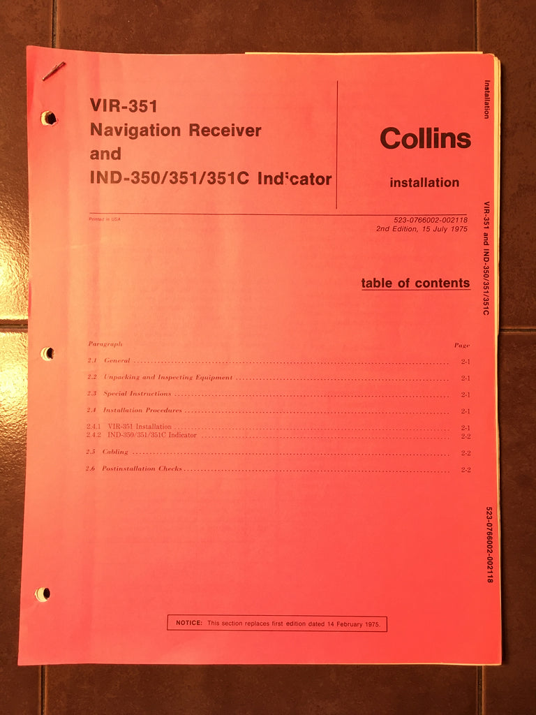 Collins VIR-351 and IND-350 , IND-351 & IND-351C Install Manual.