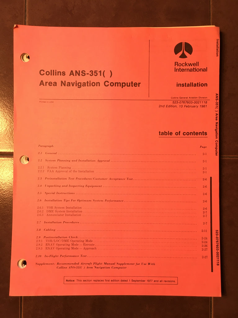Collins ANS-351 Rnav Install Manual.