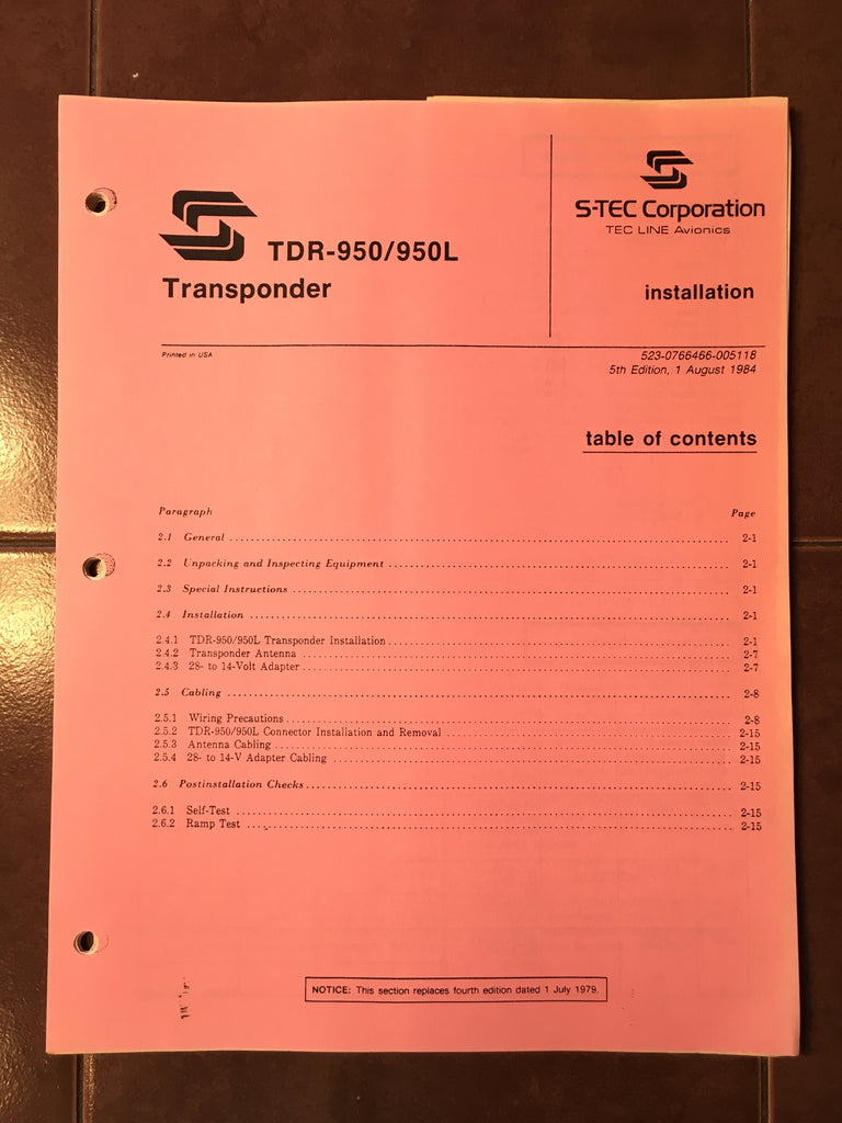 S-tec TDR-950 & TDR-950L Transponder Install Manual.