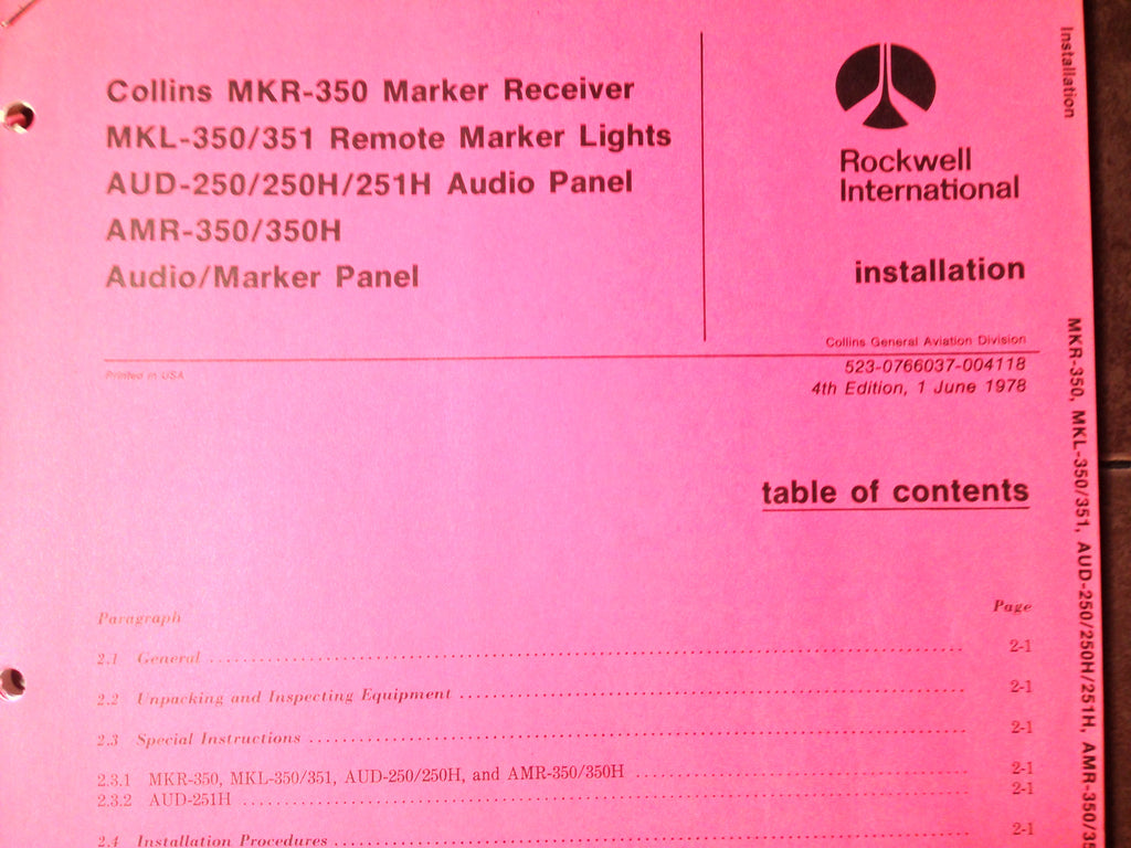 Collins MKR 350, MKL 350, 351, AUD 250, AUD 250H, 251H, AMR 350, & 350H Install Manual.