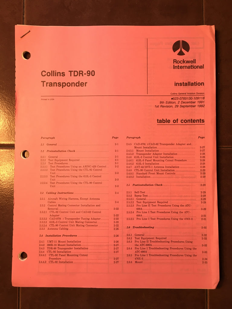 Collins TDR-90 Transponder Install Manual.