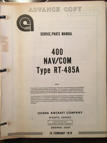Cessna ARC RT-485A Nav-Com Service & Parts Manual. – G's Plane Stuff