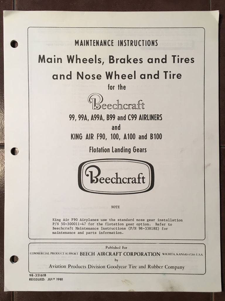 Beech 99s & King Air F90 100s Wheels Brakes Tires Floatation Landing Service manual.