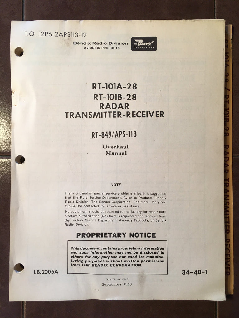 Bendix Radar RT-101A-28 and 101B-28 Service Manual.