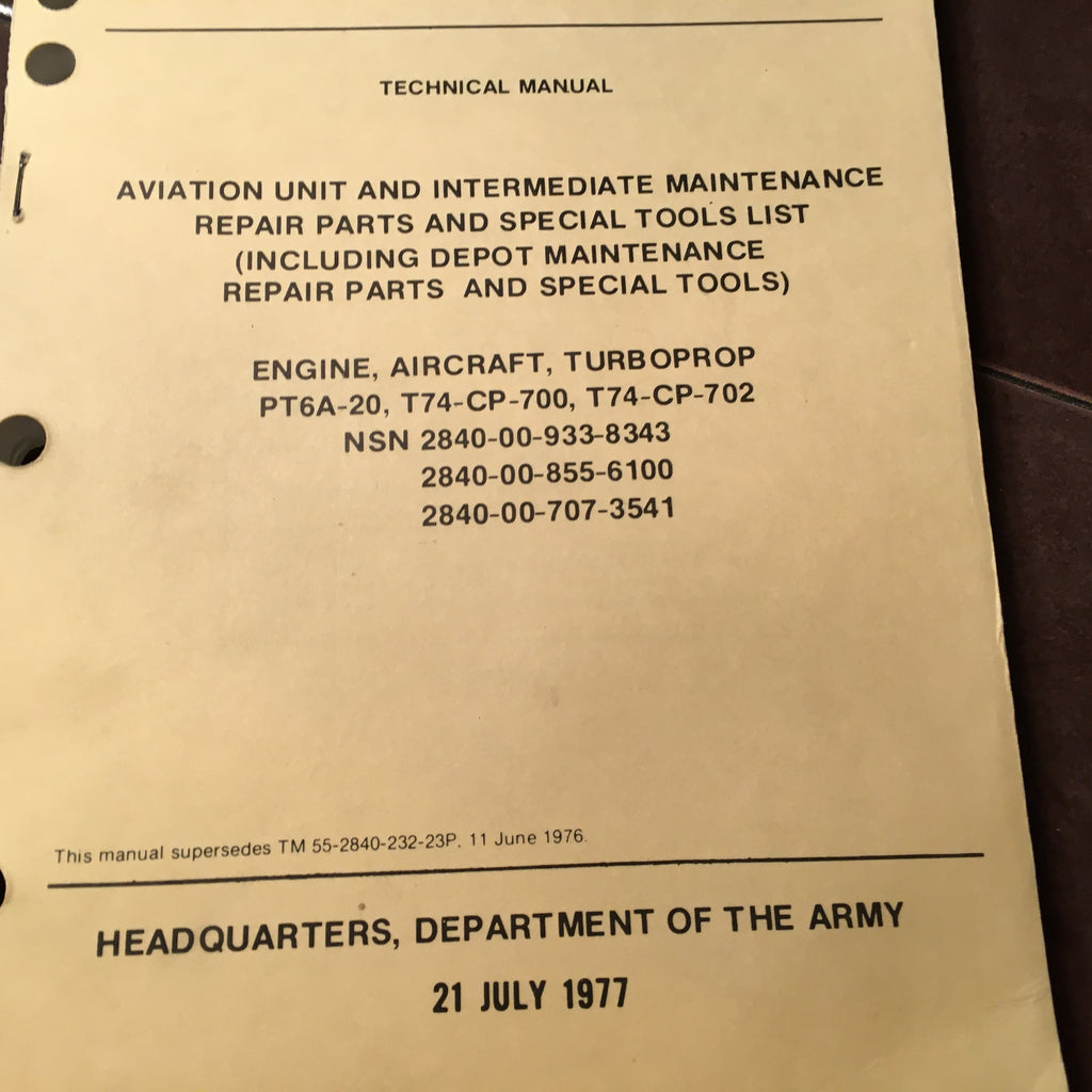 Pratt & Whitney PT-6A-20, T-74-CP-700 & T-74-CP-702 Engine Parts Manual.