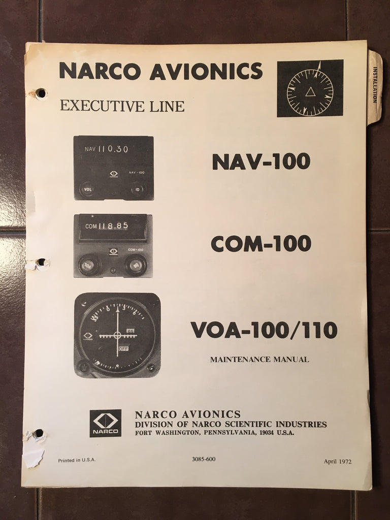 Narco Nav-100, Com-100 & VOA-100, VOA-110 Install Manual.