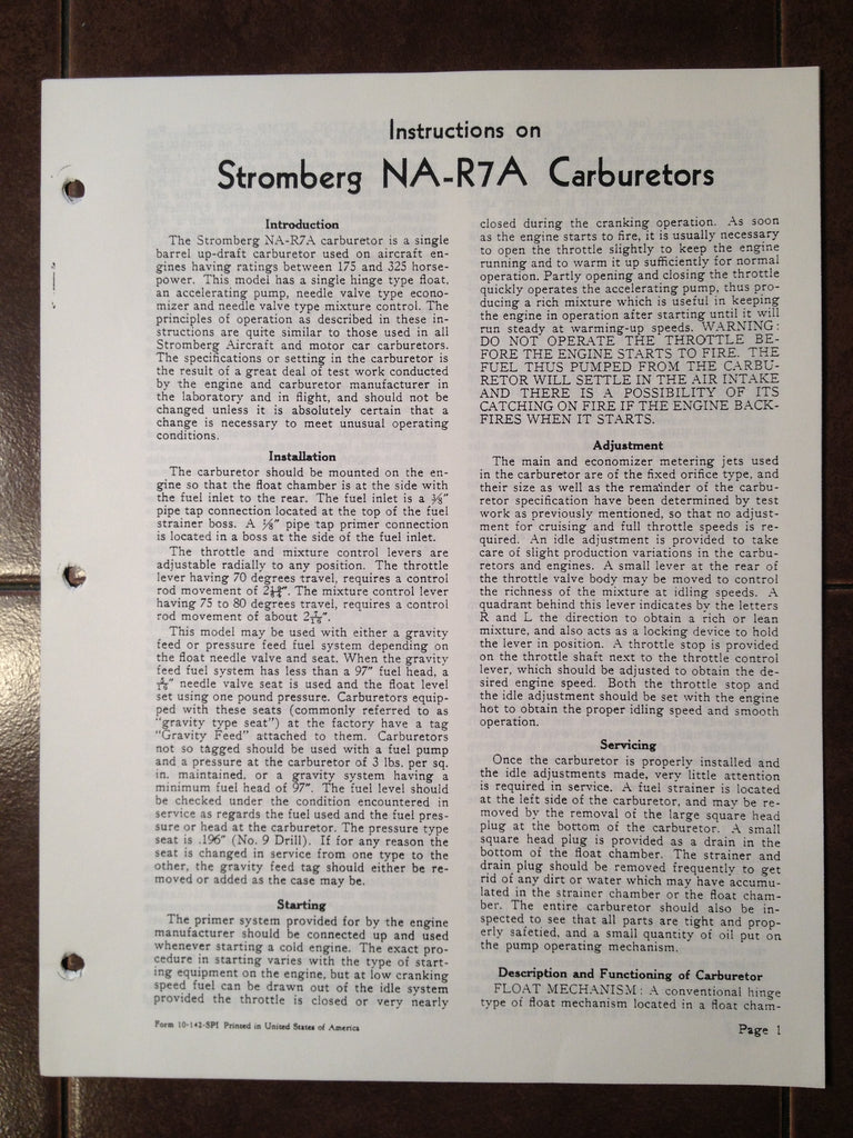 Stromberg Carburetor NA-R7A Service Instructions.